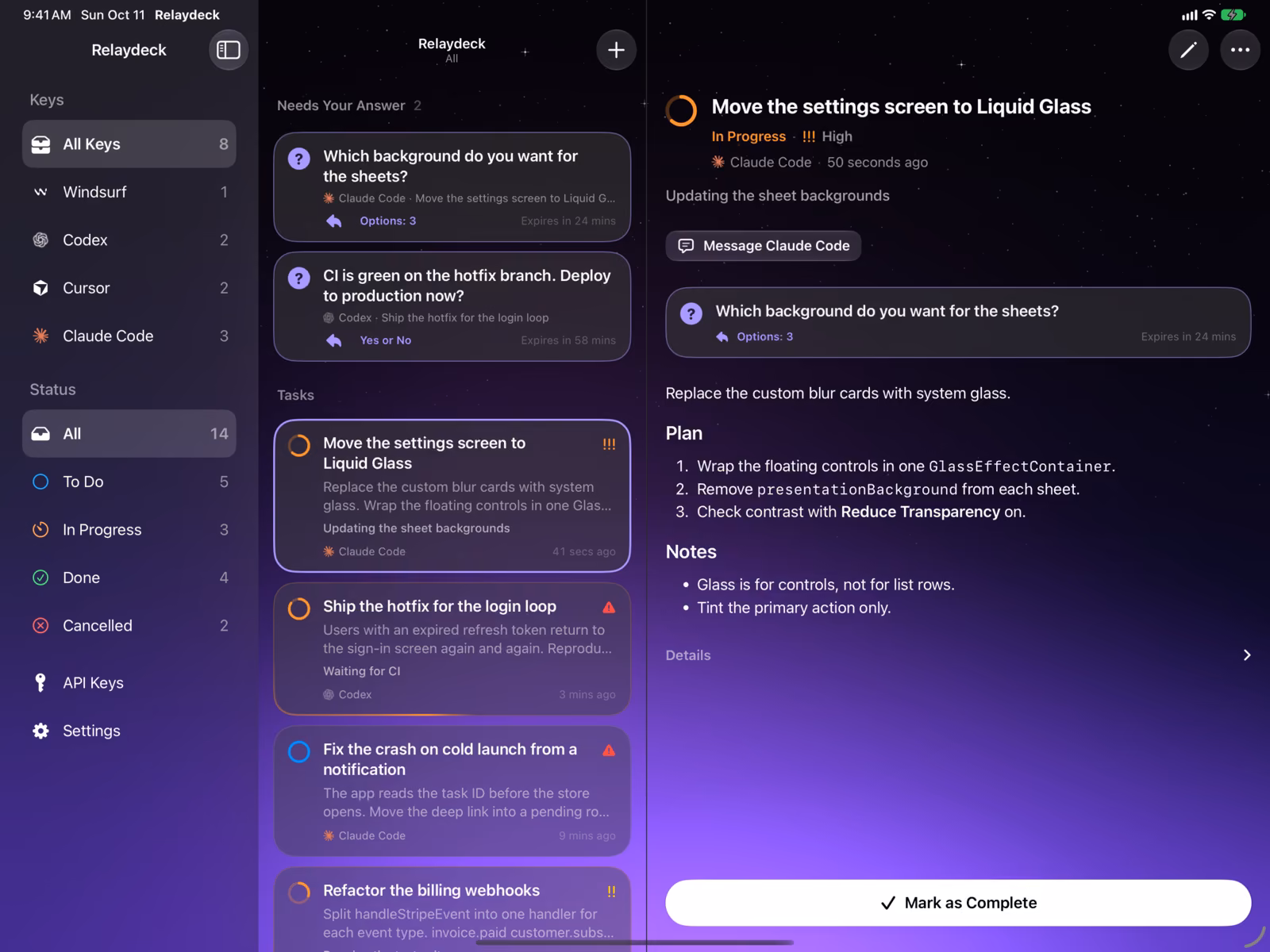 The app on iPad. A sidebar lists four agents and five statuses. The task list is in the middle. The open task shows its question, its plan, and a button named Mark as Complete.