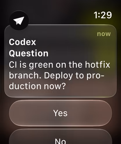 A notification with a question from Codex on Apple Watch, with the actions Yes and No.